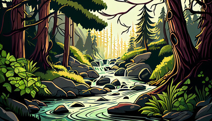 Cartoon Illustration a dense forest with a stream, generative Ai - 577085246