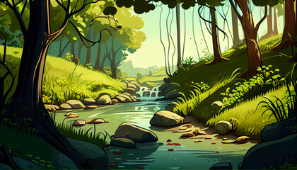 Cartoon Illustration a dense forest with a stream, generative Ai - 577085255