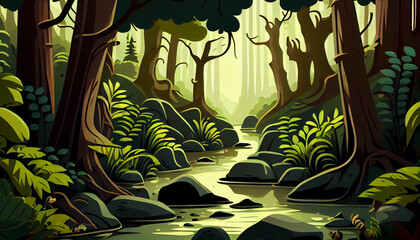 Cartoon Illustration a dense forest with a stream, generative Ai