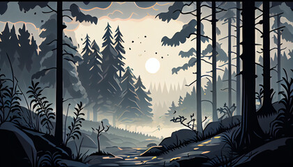 Cartoon illustration a forest at dawn with mist, generative Ai - 577085273