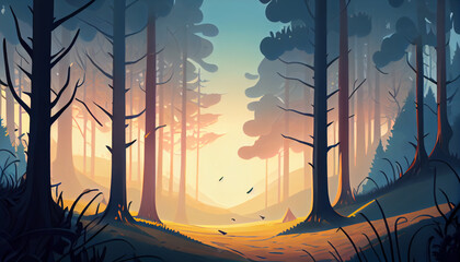 Cartoon illustration a forest at dawn with mist, generative Ai - 577085285