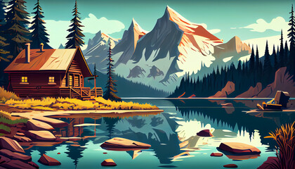 Cartoon illustration of a mountain lake, generative Ai - 577085412