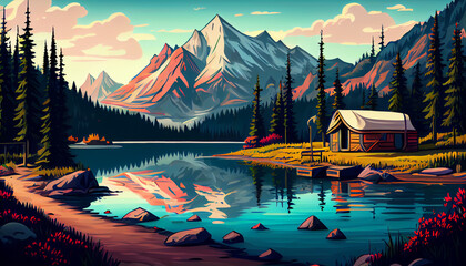 Cartoon illustration of a mountain lake, generative Ai - 577085420