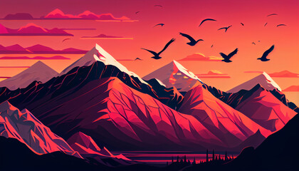 Cartoon illustration of a mountain range at sunset, generative Ai - 577085436