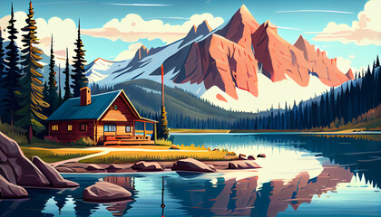 Cartoon illustration of a mountain lake, generative Ai - 577085451