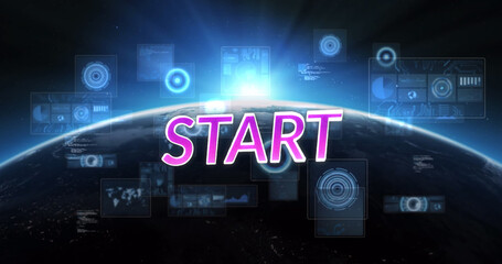 Image of start text and data processing with globe on black background