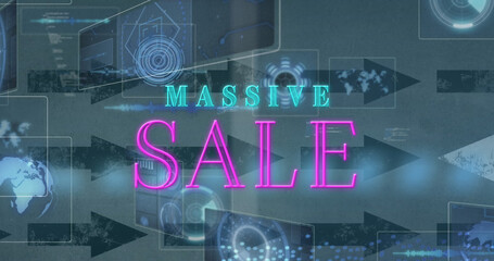 Image of massive sale text and data processing with arrows on white background