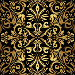 Seamless golden damask pattern background, vintage, rich ornament, luxury, AI generated
