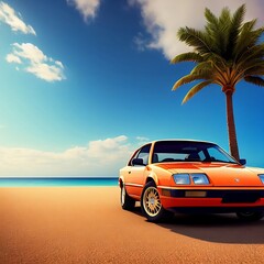 Fototapeta na wymiar Retro car from the 90's with a view of the ocean and palm trees, travel concept, vacations, vacation, polaroid effect, generative ai 
