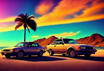 Fototapeta na wymiar Retro car from the 90's with a view of the ocean and palm trees, travel concept, vacations, vacation, polaroid effect, generative ai 