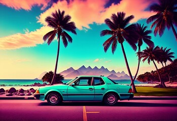 Retro car from the 90's with a view of the ocean and palm trees, travel concept, vacations, vacation, polaroid effect, generative ai	