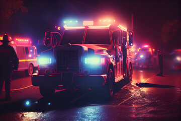 fire engine, also called fire truck with rescue team at night, ai generated