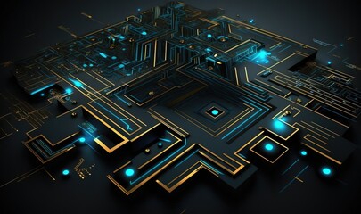  a computer generated image of a maze with blue lights on it.  generative ai