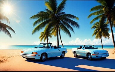 Retro car from the 90's with a view of the ocean and palm trees, travel concept, vacations, vacation, polaroid effect, generative ai	