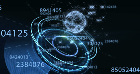 Image of numbers, processing circle and globe on black background