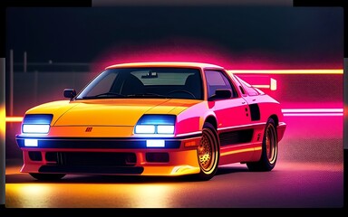 Fototapeta na wymiar Sparky retro car of the 90s in motion, neon light, Polaroid effect, generative ai 