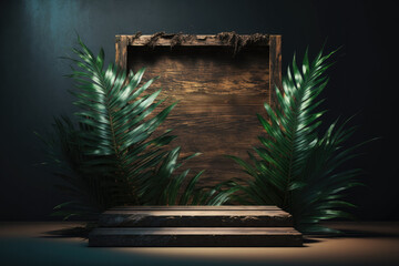 Wooden podium with palm leaves for product presentation. Mockup wood pedestal. Created with Generative AI technology.
