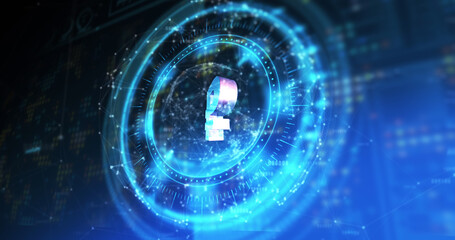 Image of processing circle with rotating rouble over blue and black digital space