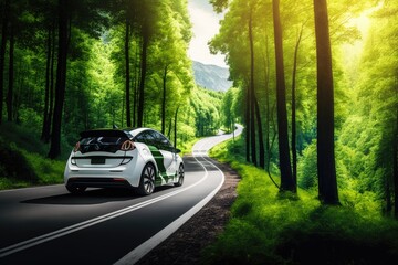 EV (Electric Vehicle) electric car is driving on a winding road that runs through a verdant forest and mountains. Clean Energy, Nature Scene, AI generated