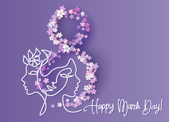 Happy 8 March womens day card. Womens with spring flowers