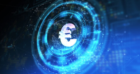 Obraz premium Image of processing circle with rotating euro over blue and black digital space