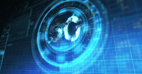 Image of processing circle with rotating 5g over blue and black digital space