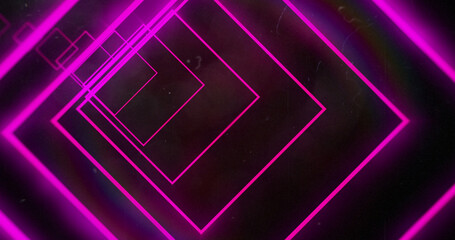 Image of glowing neon pink abstract tunnel with circles moving on black background