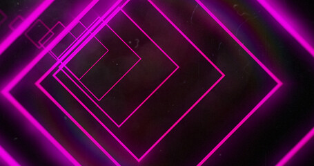 Fototapeta premium Image of glowing neon pink abstract tunnel with circles moving on black background