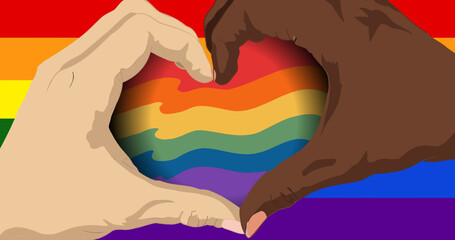 Image of caucasian and african american hands forming heart over rainbow background