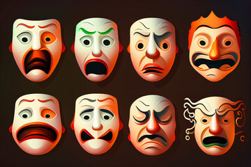 Funny masks on wall with different emotions. Generative AI illustration