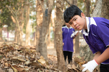 Asian boy holds dry leaves which fall down to the ground in hands and pile them together to make...