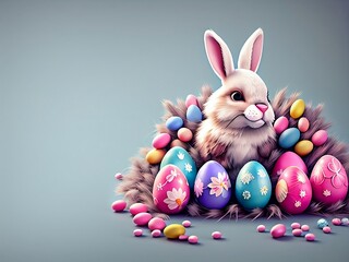 Easter eggs with hare, Easter hare, Easter holiday, Easter card. painted eggs, generative ai	