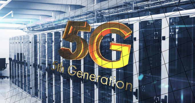 Image of 5g text, mathematical equations and data processing over computer servers