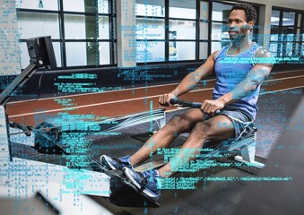 Composite image of data processing against african american fit man working out at the gym