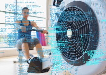 Composite image of data processing against caucasian fit woman working out at the gym
