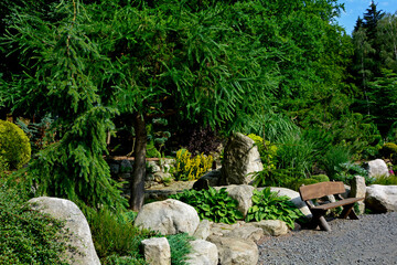 ogród japoński, ogrodowa ścieżka i drewniana ławka, żwirowa alejka, japanese garden, Zen garden, garden path, piękny ogród, designer garden - obrazy, fototapety, plakaty