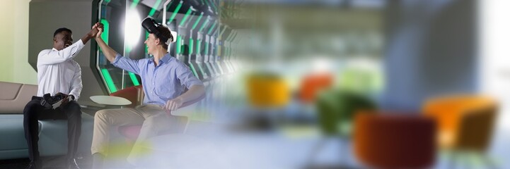 Blurred effect with copy space against two diverse male office colleagues using vr headset