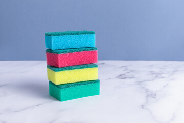 Sponges for washing dishes. Set of colorful sponges. Space for text. Sponges for kitchen or bathroom