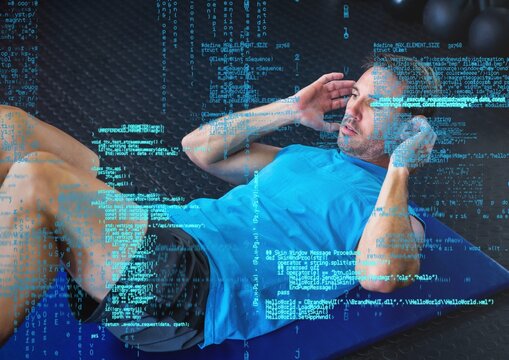 Data processing against caucasian fit man performing crunches exercise at the gym