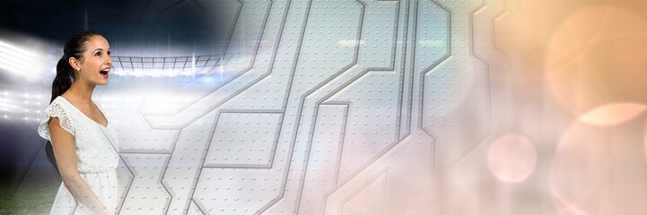 Blurred effect with copy space against caucasian woman singing and sports stadium