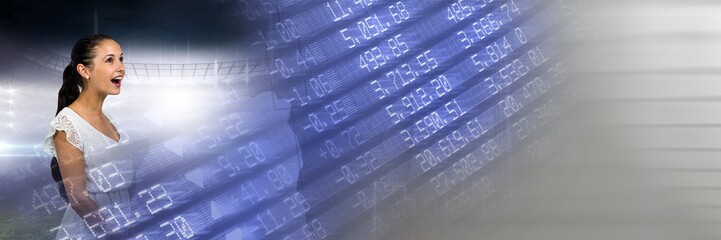 Blurred effect with copy space against caucasian woman singing and financial data processing