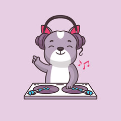 Dog DJ. Cute French Bulldog puppy mixing music on a turntable vector cartoon illustration