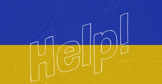 Naklejka Digitally generated image of help text banner against ukrainian flag design background