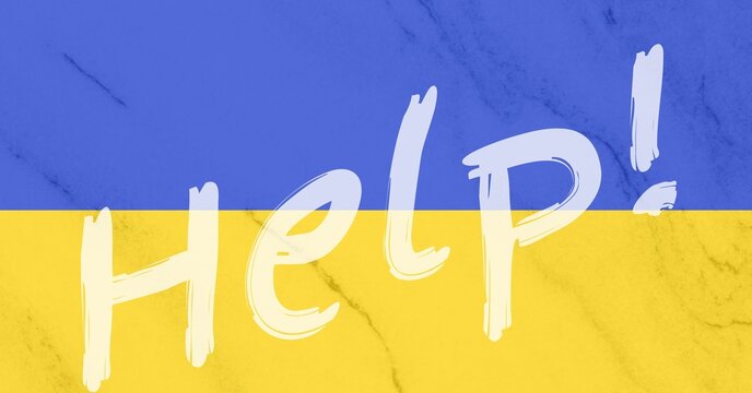 Naklejka Digitally generated image of help text banner against ukrainian flag design background