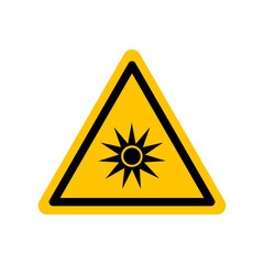 Optical radiation sign. Black danger icon on yellow triangle symbol. Vector illustration, hazard symbol. Danger pictogram, warning sign icon. Informing about different risk and caution.