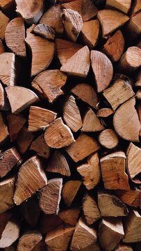 Chopped firewood is stacked in a big pile Slow motion Vertical video