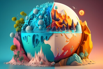 Global warming concept. Planet earth with different climatic zones and volcanoes. Colorful climate change illustration in cartoon style. Generative AI. - obrazy, fototapety, plakaty