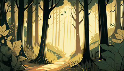 Cartoon illustration of A peaceful forest with a sun, generative Ai - 577088633