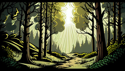 Cartoon illustration of A peaceful forest with a sun, generative Ai - 577088636