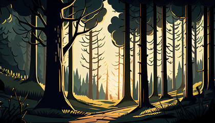 Cartoon illustration of A peaceful forest with a sun, generative Ai